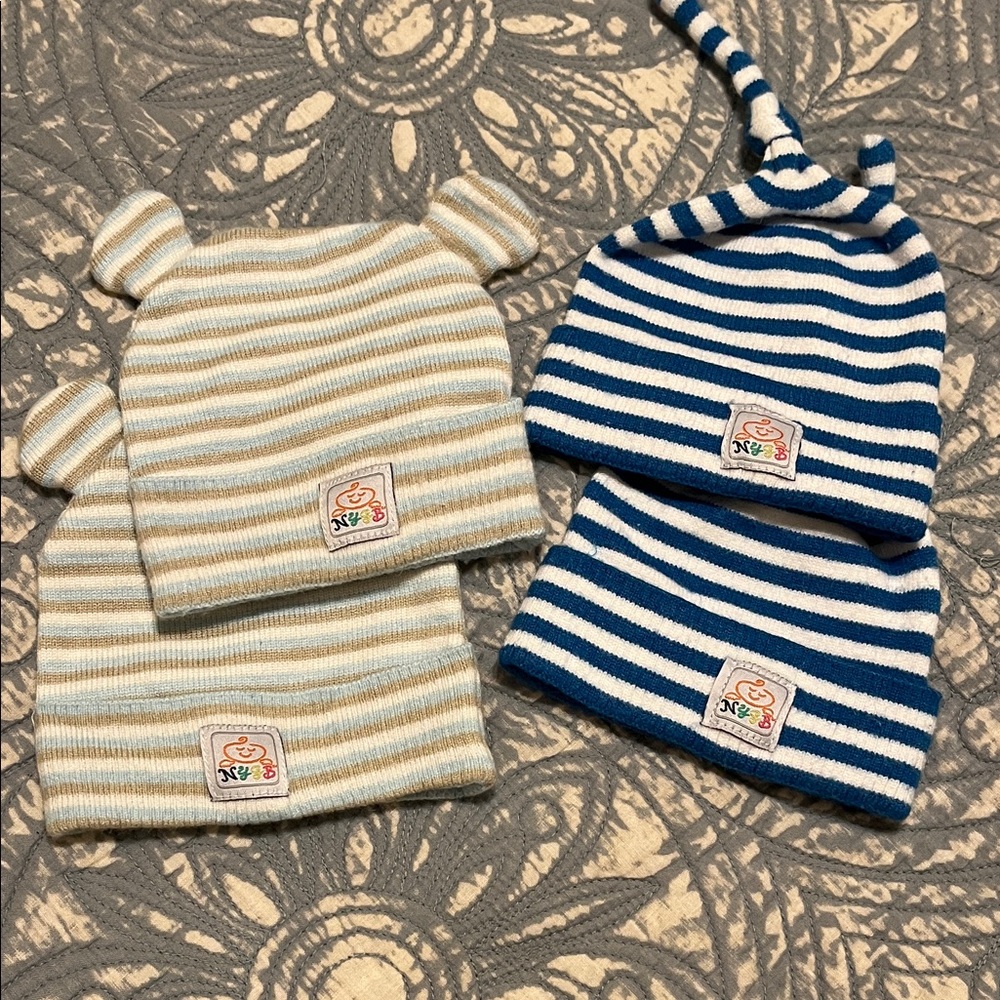Striped and Bear Ear Kids Beanie Set